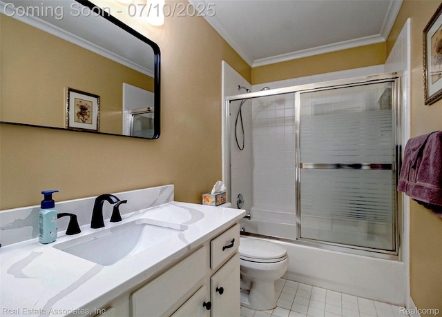 41503 Haggerty Woods Ct Unit 35, Canton, MI 48187 - bathroom with crown molding, vanity, enclosed tub / shower combo, and tile patterned floors
