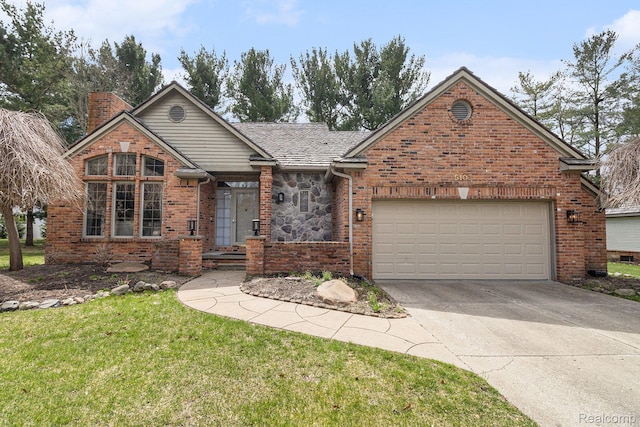 5103 Coachlight Dr, Fenton, MI 48430 - view of front facade with a chimney, concrete driveway, an attached garage, a front yard, and brick siding