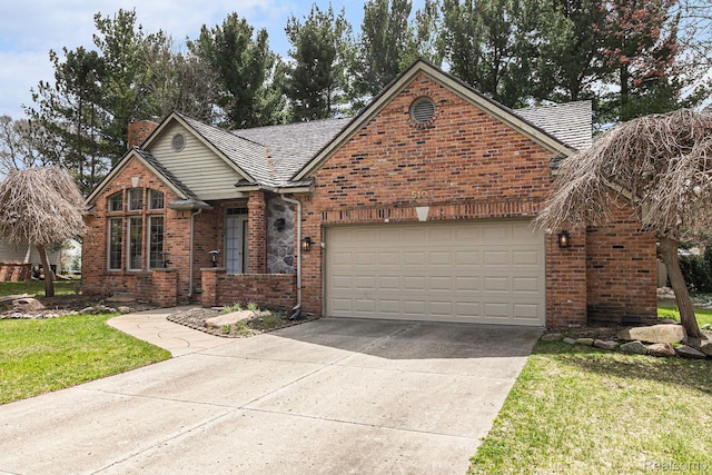 5103 Coachlight Dr, Fenton, MI 48430 - view of front of house featuring an attached garage, a chimney, concrete driveway, brick siding, and a front yard