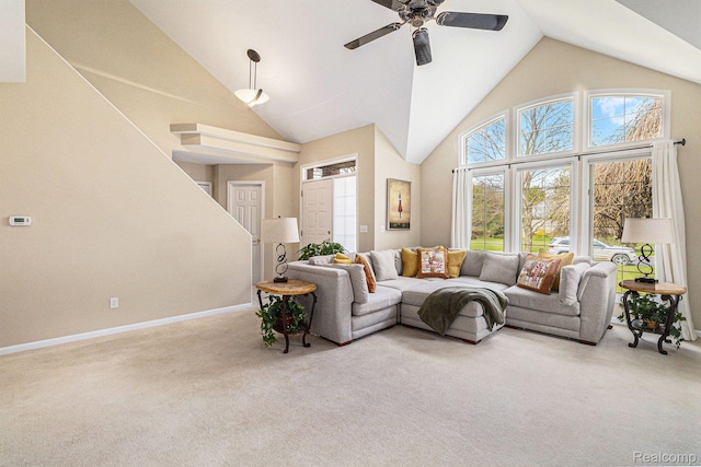 5103 Coachlight Dr, Fenton, MI 48430 - carpeted living area featuring ceiling fan and high vaulted ceiling