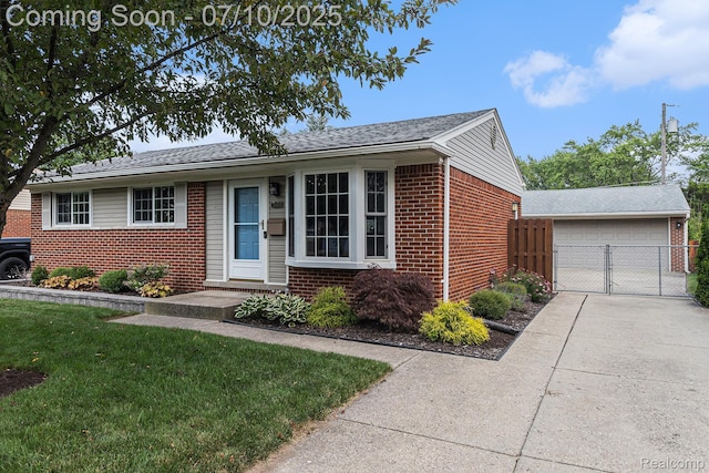 39408 Atkinson Dr, Sterling Heights, MI 48313 - ranch-style home featuring brick siding, a detached garage, and a gate