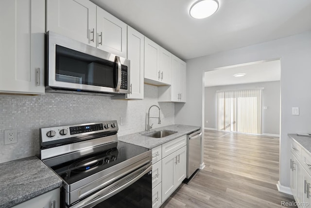 2245 Spring Hill Ave, Inkster, MI 48141 - kitchen featuring stainless steel appliances, white cabinetry, light wood-style floors, and decorative backsplash