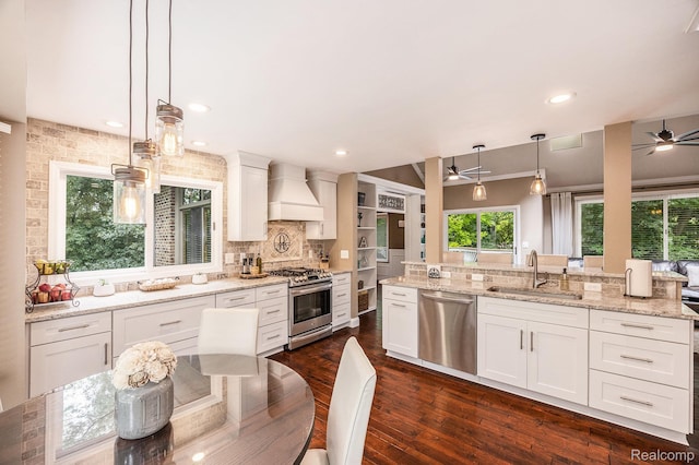 9780 Oak Valley Dr, Clarkston, MI 48348 - kitchen featuring stainless steel appliances, healthy amount of natural light, custom exhaust hood, dark wood-style flooring, and recessed lighting
