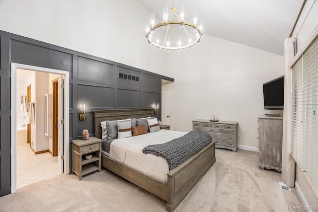 9780 Oak Valley Dr, Clarkston, MI 48348 - bedroom with light colored carpet, a chandelier, a decorative wall, and high vaulted ceiling