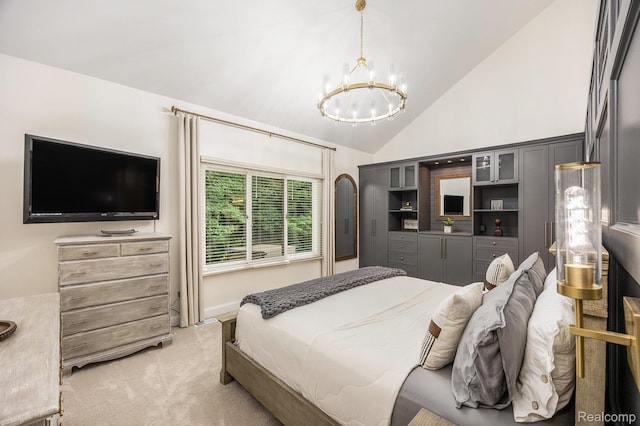9780 Oak Valley Dr, Clarkston, MI 48348 - bedroom featuring a chandelier, light colored carpet, and high vaulted ceiling