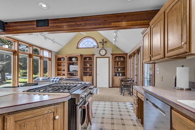 3416 Northlands Ave, Jackson, MI 49201 - kitchen featuring stainless steel appliances, track lighting, vaulted ceiling, light carpet, and light countertops