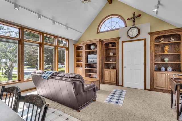 3416 Northlands Ave, Jackson, MI 49201 - living area featuring track lighting, ceiling fan, light carpet, and high vaulted ceiling
