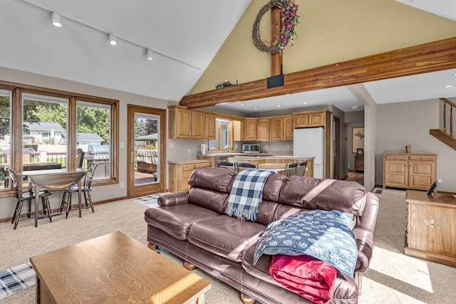 3416 Northlands Ave, Jackson, MI 49201 - living area with rail lighting, light colored carpet, high vaulted ceiling, and stairway