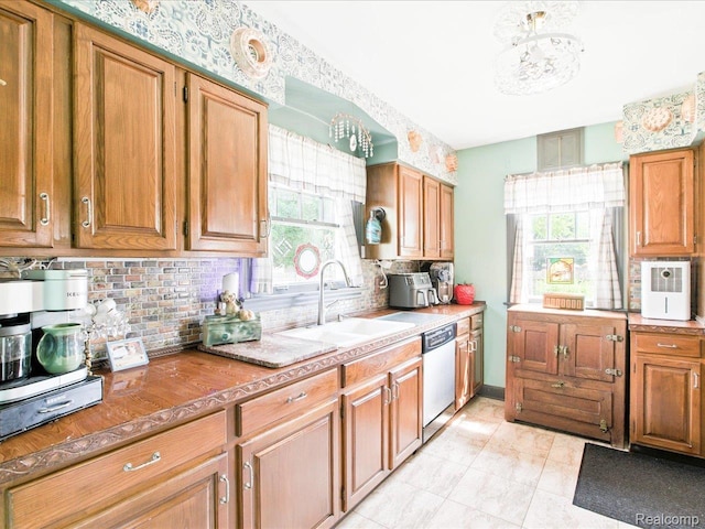 1313 Wall St, Port Huron, MI 48060 - kitchen with stainless steel dishwasher, healthy amount of natural light, decorative backsplash, and brown cabinets