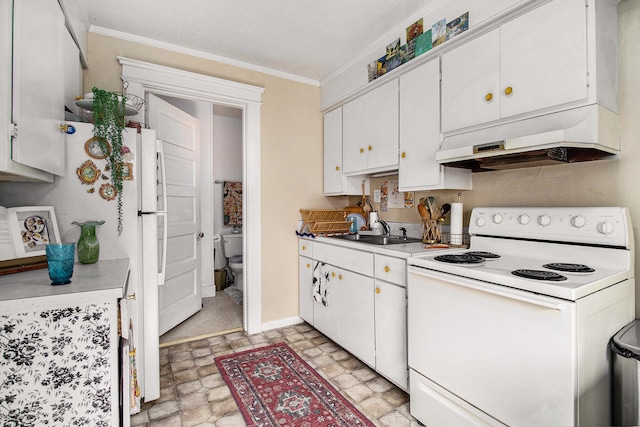 936 W Kalamazoo Ave, Kalamazoo, MI 49007 - kitchen with white electric range oven, ornamental molding, under cabinet range hood, and white cabinetry