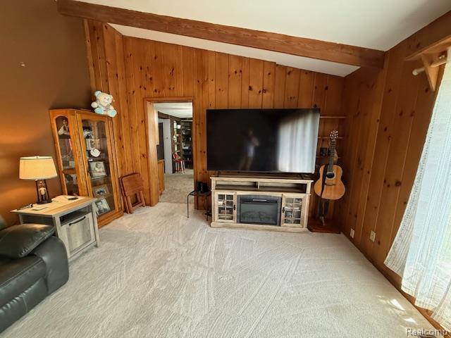 3103 Roush Rd, Hastings, MI 49058 - living room with wood walls and carpet flooring