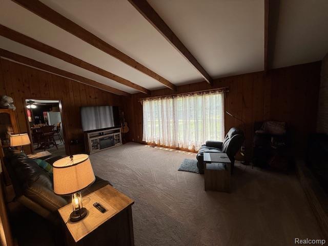 3103 Roush Rd, Hastings, MI 49058 - carpeted living area featuring wood walls and a ceiling fan
