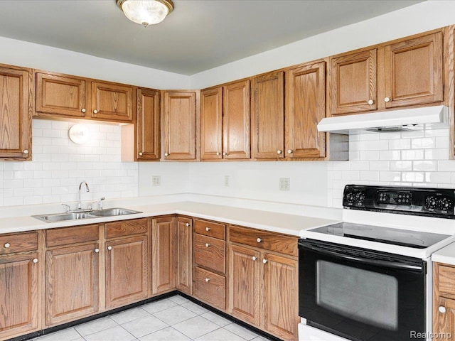 1114 Union St, Port Huron, MI 48060 - kitchen with electric range, under cabinet range hood, light countertops, and tasteful backsplash