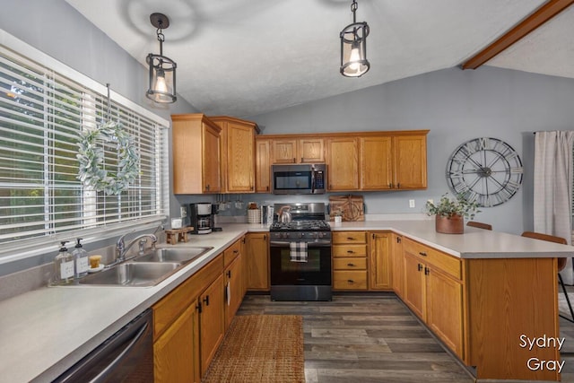 11200 Ivory Valley Dr NE, Rockford, MI 49341 - kitchen with stainless steel appliances, a peninsula, dark wood-style flooring, and light countertops