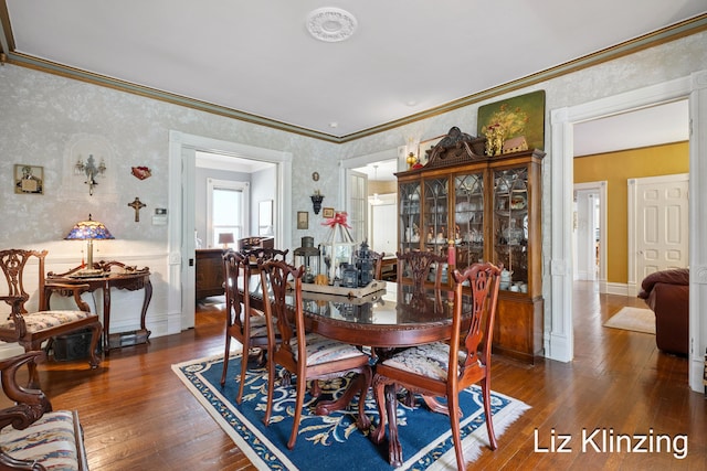 120 Union Ave SE, Grand Rapids, MI 49503 - dining room with ornamental molding, hardwood / wood-style flooring, and wallpapered walls