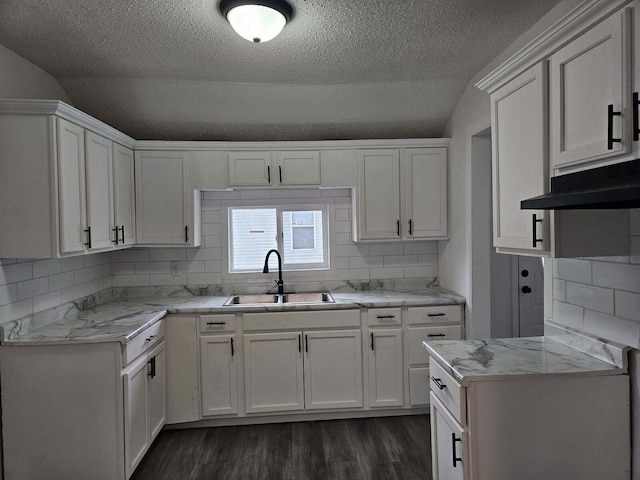 538 Whitney Ave, Morenci, MI 49256 - kitchen with dark wood-type flooring, a textured ceiling, decorative backsplash, under cabinet range hood, and white cabinets
