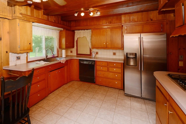 2357 River St, Kalamazoo, MI 49048 - kitchen featuring dishwasher, stainless steel fridge, tasteful backsplash, beam ceiling, and light countertops