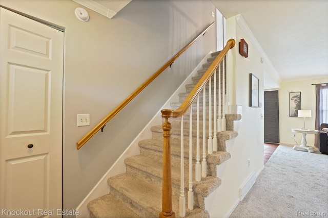 622 W Schleier St, Frankenmuth, MI 48734 - stairway featuring crown molding and carpet