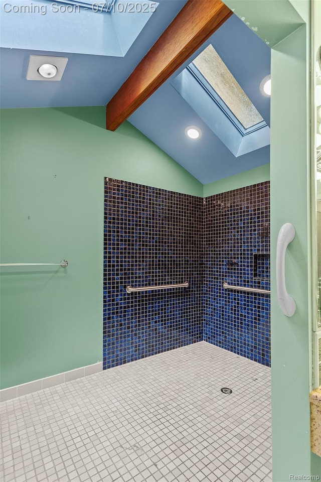 18930 Deering St, Melvindale, MI 48152 - bathroom with a skylight, tile patterned flooring, recessed lighting, and tiled shower
