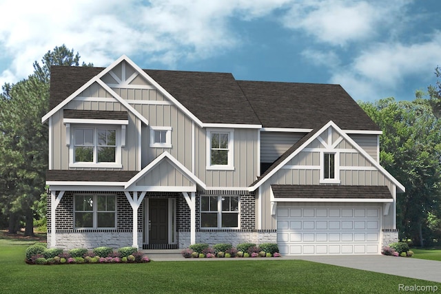 16257 Rogan Dr, Linden, MI 48451 - view of front of property with board and batten siding, a front yard, driveway, and stone siding
