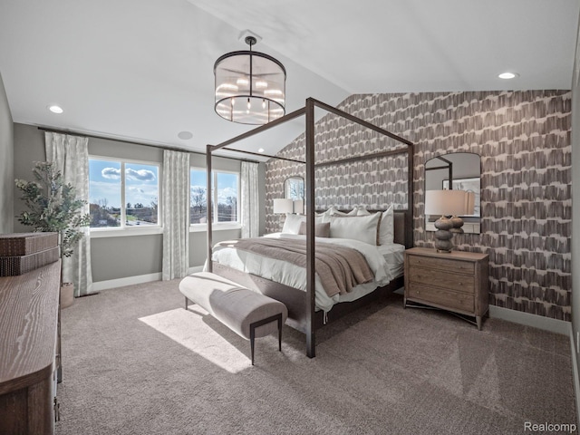16257 Rogan Dr, Linden, MI 48451 - bedroom with vaulted ceiling, carpet, recessed lighting, and a chandelier