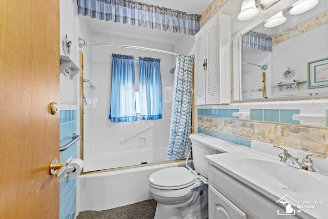 1508 12th St, Wyandotte, MI 48192 - bathroom featuring shower / bath combo with shower curtain, vanity, and backsplash