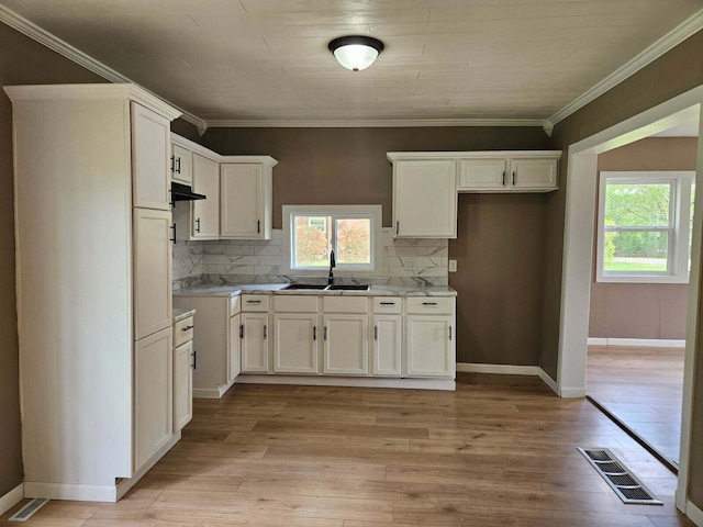 4084 Seneca St, Weston, MI 49289 - kitchen featuring under cabinet range hood, crown molding, white cabinets, light wood-type flooring, and backsplash