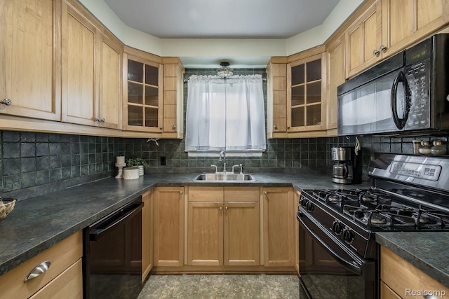 3070 Old Orchard Dr, Waterford, MI 48328 - kitchen featuring black appliances, decorative backsplash, dark countertops, and glass insert cabinets