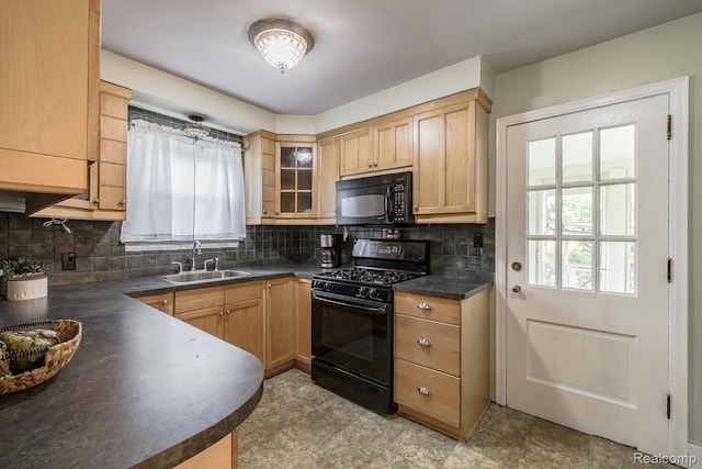 3070 Old Orchard Dr, Waterford, MI 48328 - kitchen with black appliances, dark countertops, decorative backsplash, and glass insert cabinets