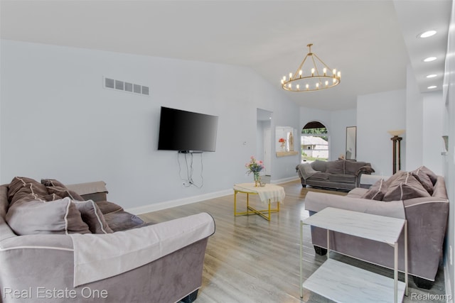 2930 Wisconsin Rd, Troy, MI 48083 - living area featuring a chandelier, vaulted ceiling, light wood-style floors, and recessed lighting