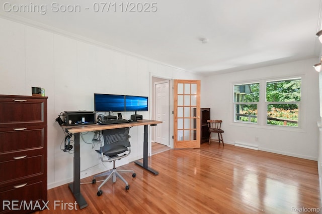 5910 Hillsboro Rd, Davisburg, MI 48350 - office with ornamental molding, light wood-type flooring, and a baseboard radiator