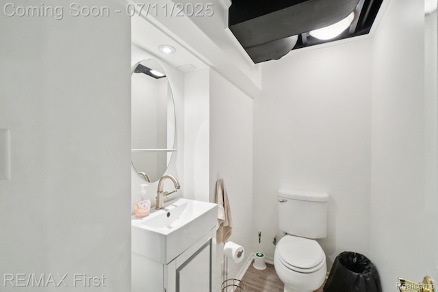 5910 Hillsboro Rd, Davisburg, MI 48350 - half bathroom featuring vanity and wood finished floors