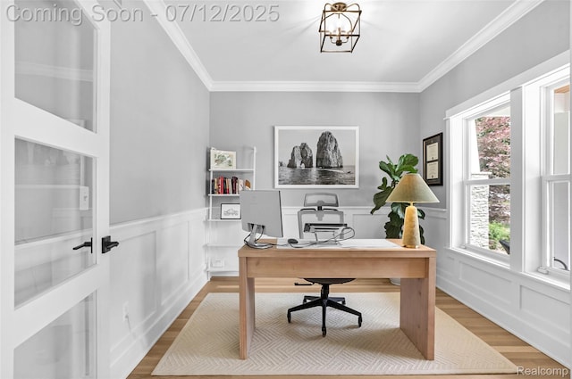 1212 Royal Ave, Royal Oak, MI 48073 - office with healthy amount of natural light, wood finished floors, crown molding, wainscoting, and a chandelier