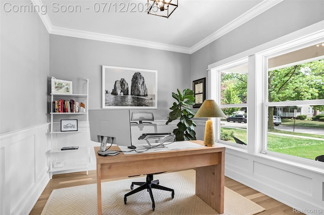 1212 Royal Ave, Royal Oak, MI 48073 - office with ornamental molding, wood finished floors, a wainscoted wall, a chandelier, and a decorative wall