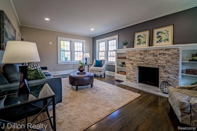 959 Washtenaw Rd, Ypsilanti, MI 48197 - living area with ornamental molding, dark wood-style floors, a fireplace, and recessed lighting