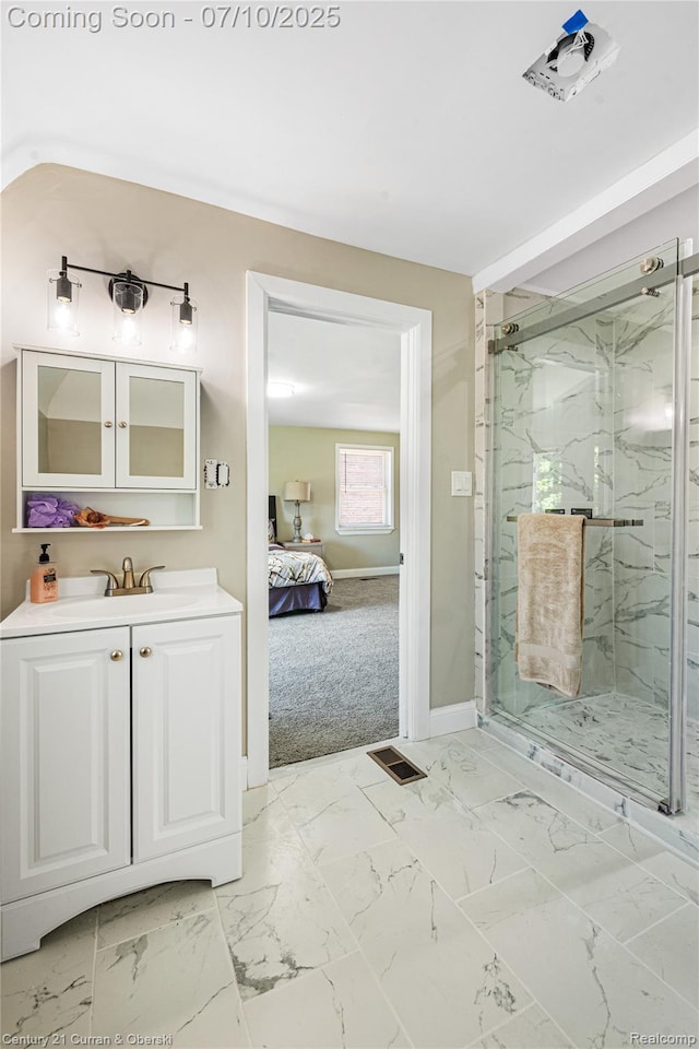 18024 Fairfield St, Redford, MI 48221 - bathroom with a marble finish shower, vanity, marble look tiles, and ensuite bath