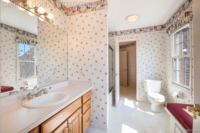 6161 Golfside Ct, Grand Blanc, MI 48439 - full bath featuring wallpapered walls, vanity, tile patterned flooring, and bath / shower combo with glass door