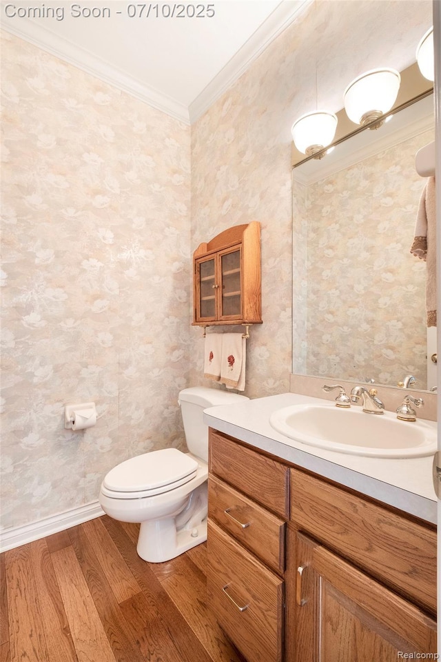 6161 Golfside Ct, Grand Blanc, MI 48439 - bathroom with ornamental molding, wood finished floors, vanity, and wallpapered walls