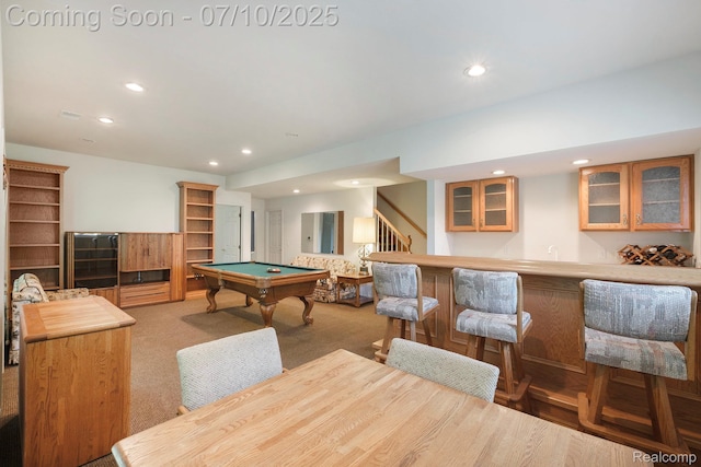 6161 Golfside Ct, Grand Blanc, MI 48439 - rec room featuring billiards, recessed lighting, wet bar, and light colored carpet