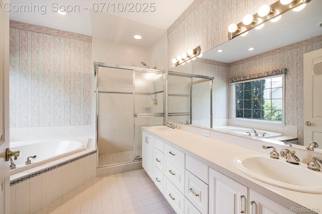 6161 Golfside Ct, Grand Blanc, MI 48439 - bathroom with tile patterned floors, double vanity, a bath, a shower stall, and wallpapered walls
