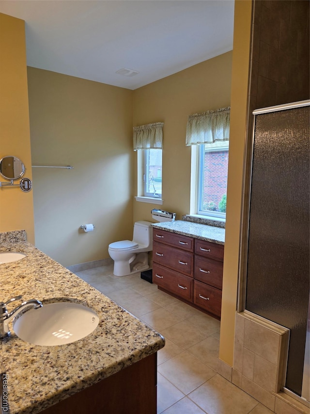 2181 E Shore Dr, Rochester Hills, MI 48307 - full bath with double vanity, a shower stall, and tile patterned floors