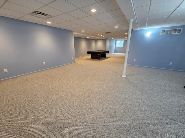 2181 E Shore Dr, Rochester Hills, MI 48307 - below grade area featuring carpet floors, billiards, a drop ceiling, and recessed lighting