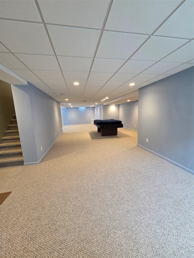 2181 E Shore Dr, Rochester Hills, MI 48307 - finished basement featuring carpet flooring, billiards, stairway, a paneled ceiling, and recessed lighting