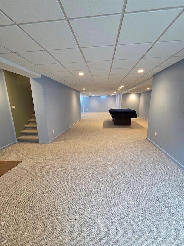 2181 E Shore Dr, Rochester Hills, MI 48307 - finished basement featuring carpet, stairs, billiards table, recessed lighting, and a drop ceiling