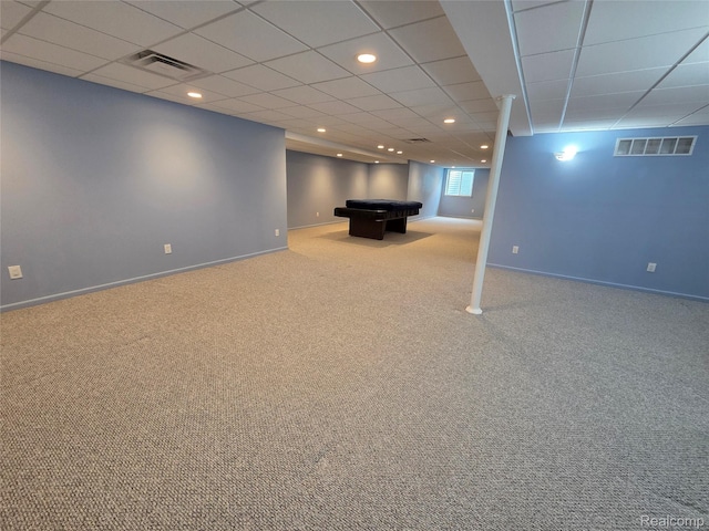 2181 E Shore Dr, Rochester Hills, MI 48307 - basement with pool table, carpet, a paneled ceiling, and recessed lighting