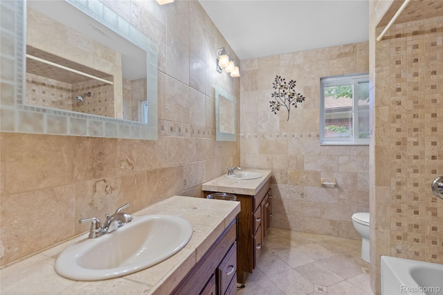 26714 Dover Ct, Warren, MI 48089 - bathroom featuring tile walls, two vanities, and tile patterned flooring