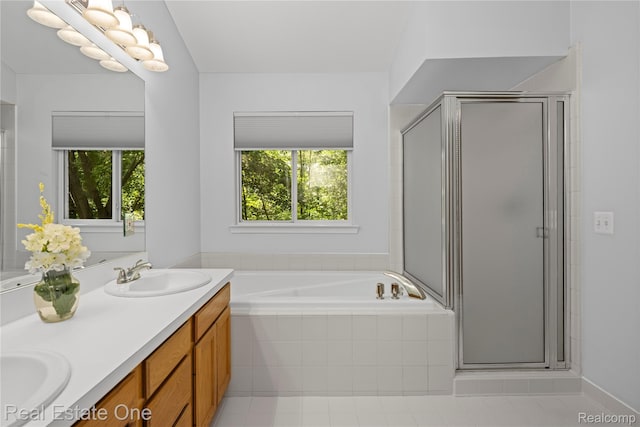 31085 Chatsford St, Novi, MI 48377 - bathroom featuring healthy amount of natural light, double vanity, and a stall shower