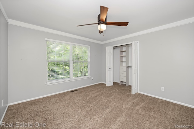 31085 Chatsford St, Novi, MI 48377 - unfurnished bedroom with ornamental molding, carpet floors, a closet, and ceiling fan