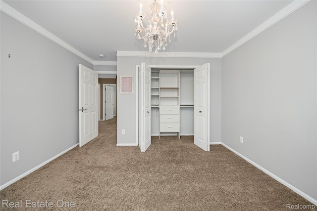 31085 Chatsford St, Novi, MI 48377 - unfurnished bedroom featuring a chandelier, ornamental molding, carpet floors, and a closet