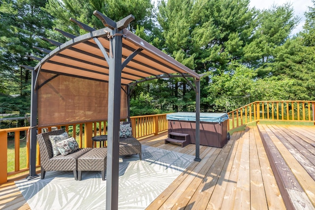 19744 Ivey Rd, Chelsea, MI 48118 - wooden deck featuring a hot tub, view of scattered trees, and a pergola